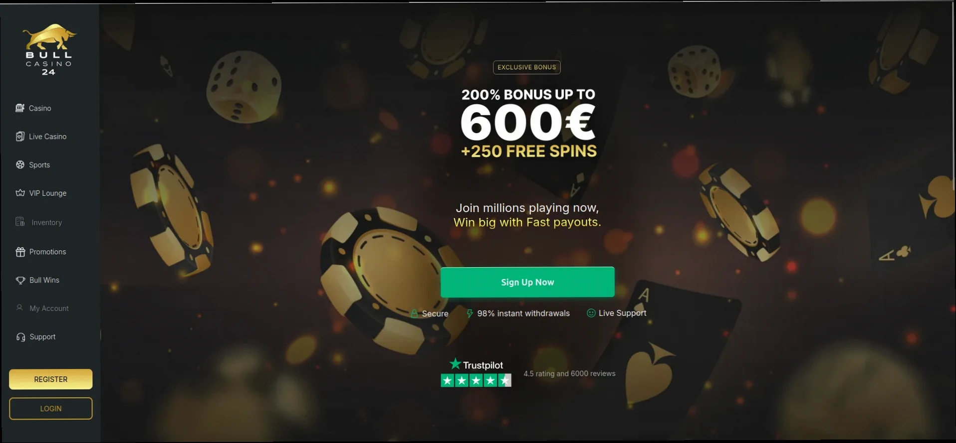 Bull Casino 100% tot €500 + 100 Gratis Spins